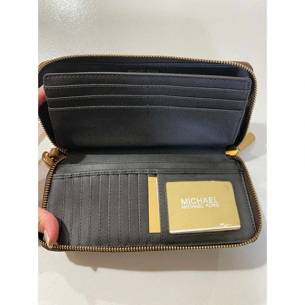 Michael Kors Jet Set Travel Continental Wristlet Wallet Brown Logo Gold Hardware